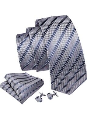 Silk Tie‎ Set Gray Blue White Stripe Necktie Pocket Square Cufflinks